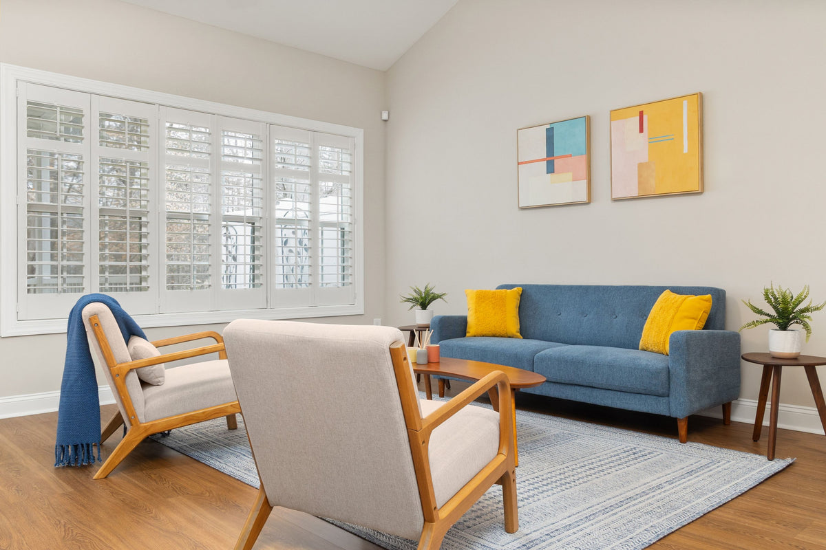Modern living room with blue sofa